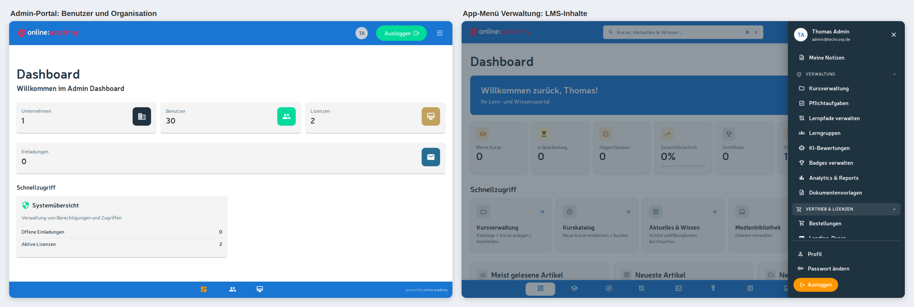 Admin-Portal-Startseite und das „Verwaltung"-Menü der App nebeneinander