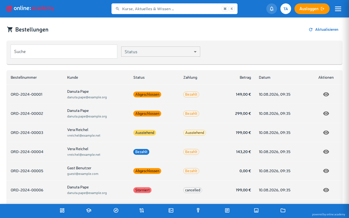 Bestell-Übersicht mit Status-Filter und Detailansicht