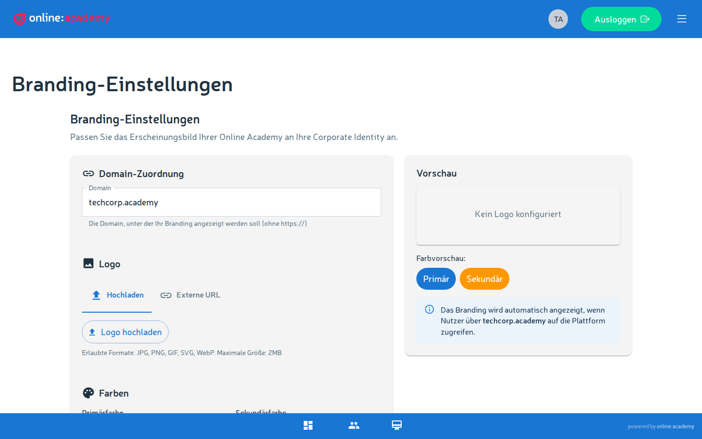 Branding-Einstellungen mit Logo-Upload, Farbwählern für Primär- und Akzentfarbe und Feld für den App-Titel