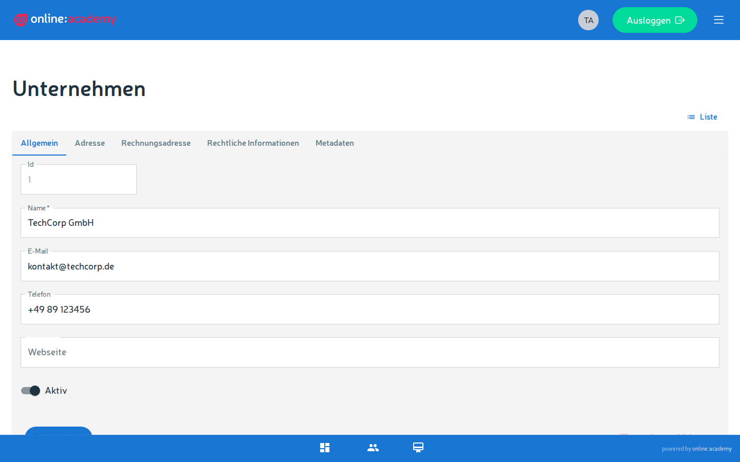 Stammdaten-Ansicht einer Company im Admin-Portal mit Name-, Kontakt- und Adressfeldern