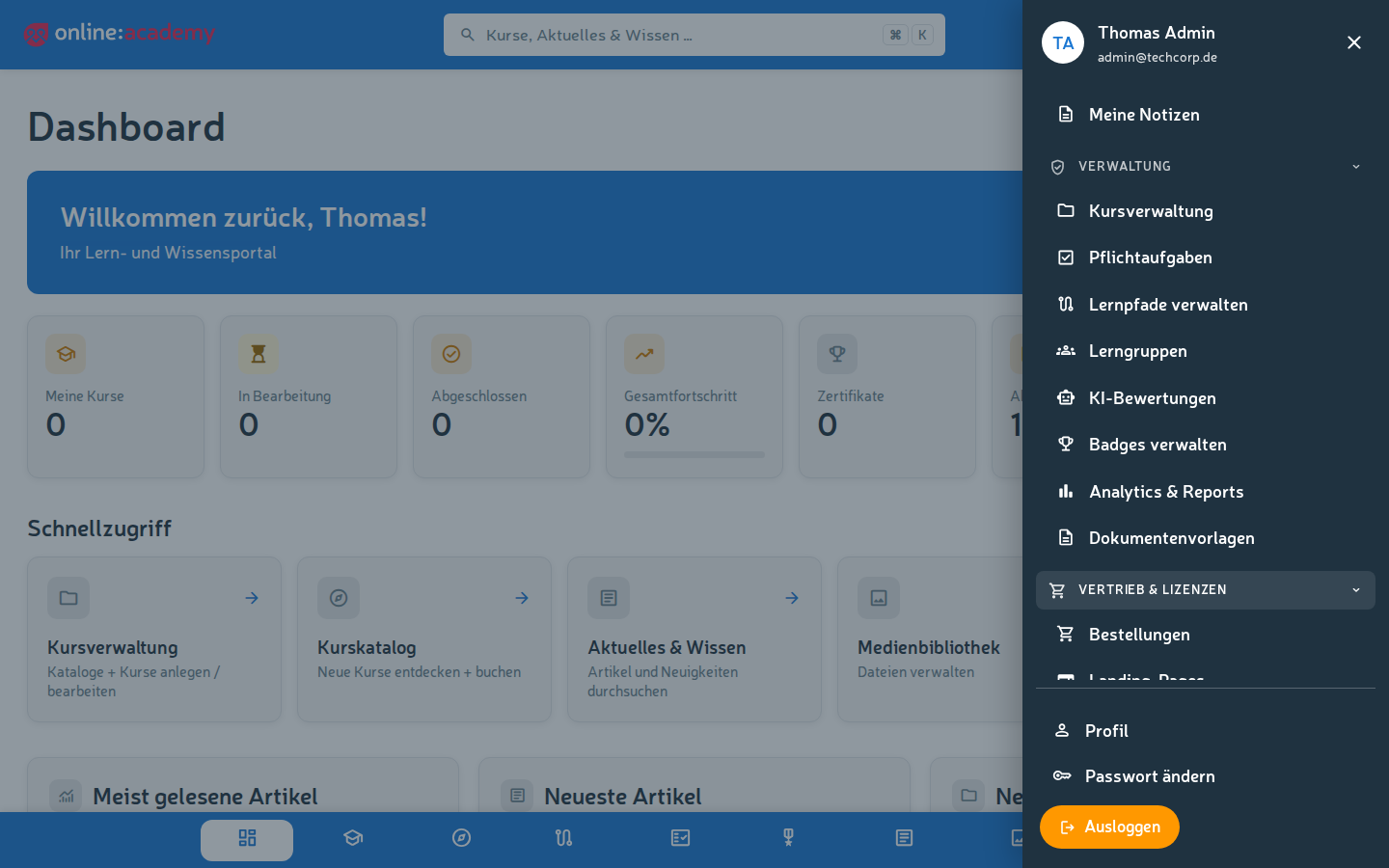 Verwaltungs-Menü mit hervorgehobenem Analytics-Eintrag