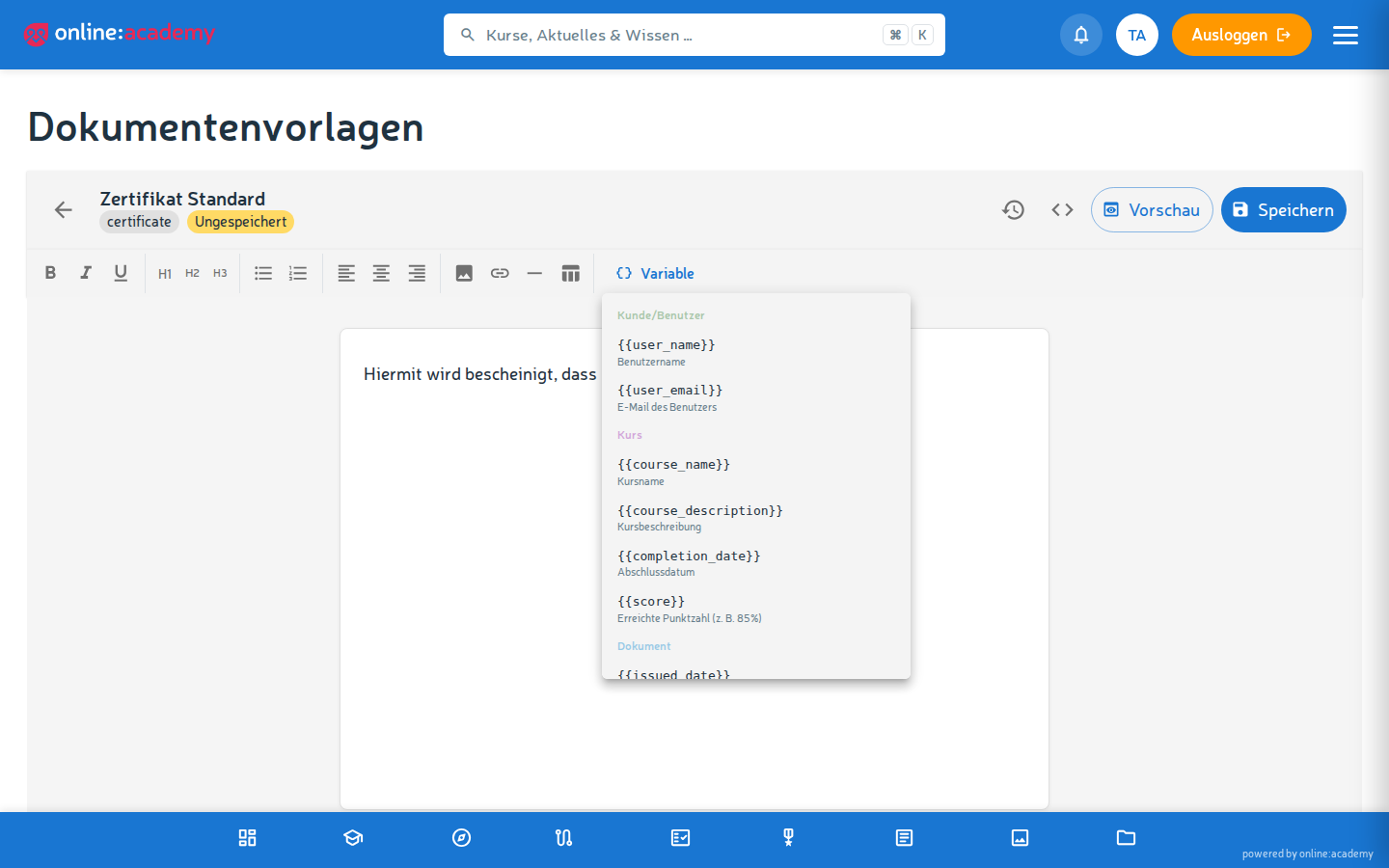 Editor mit Platzhalter-Dropdown und farbigen Pillen im Text