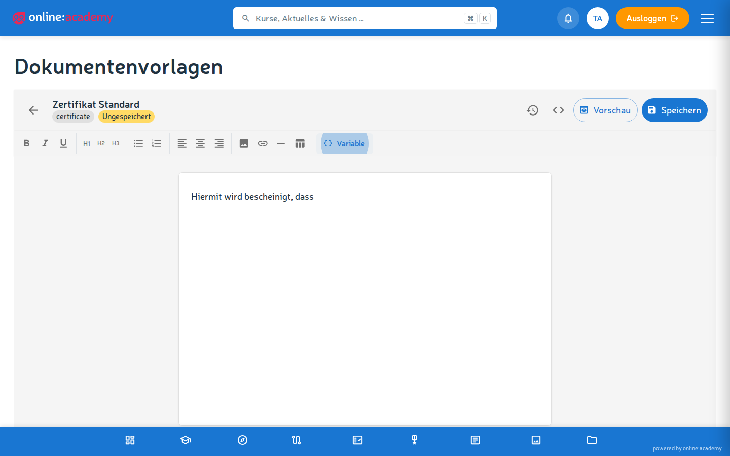 Vorlagen-Übersicht mit Typ-Filter und Vorschau-Kacheln