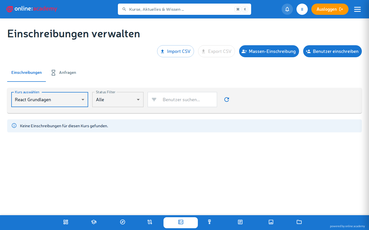 Einschreibungs-Übersicht mit Filtern und Status-Spalte