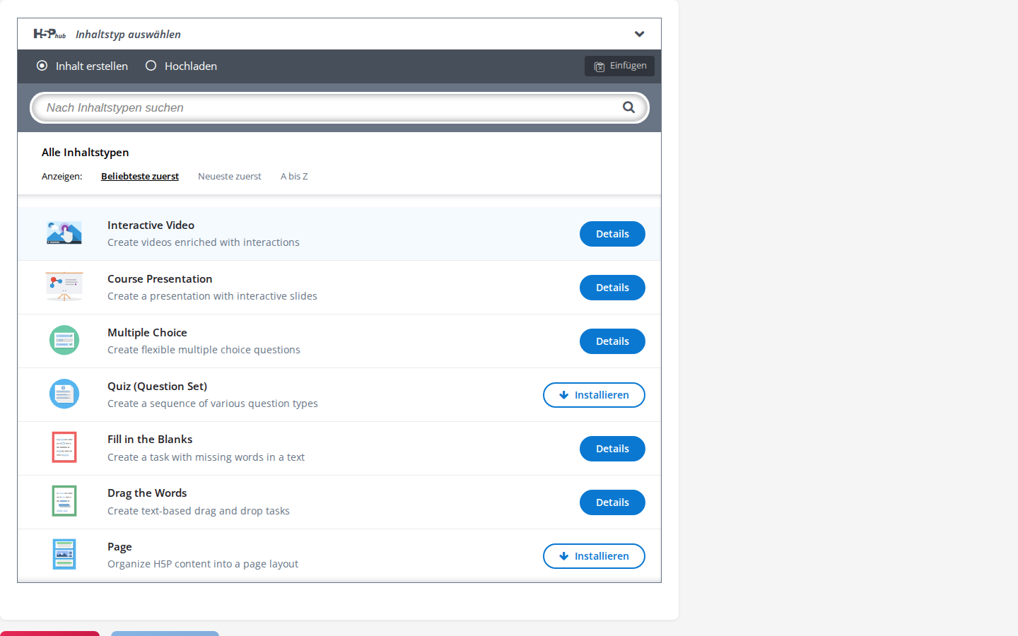 H5P-Editor mit Auswahl der Content-Typen