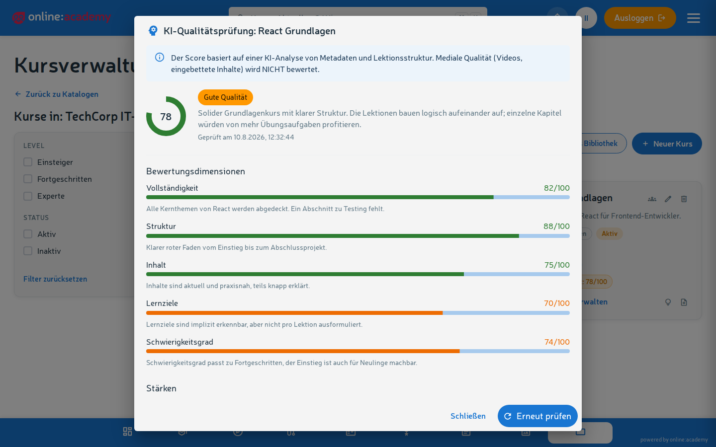 Qualitäts-Dialog mit Kreis-Diagramm Gesamt-Score und Dimensions-Balken
