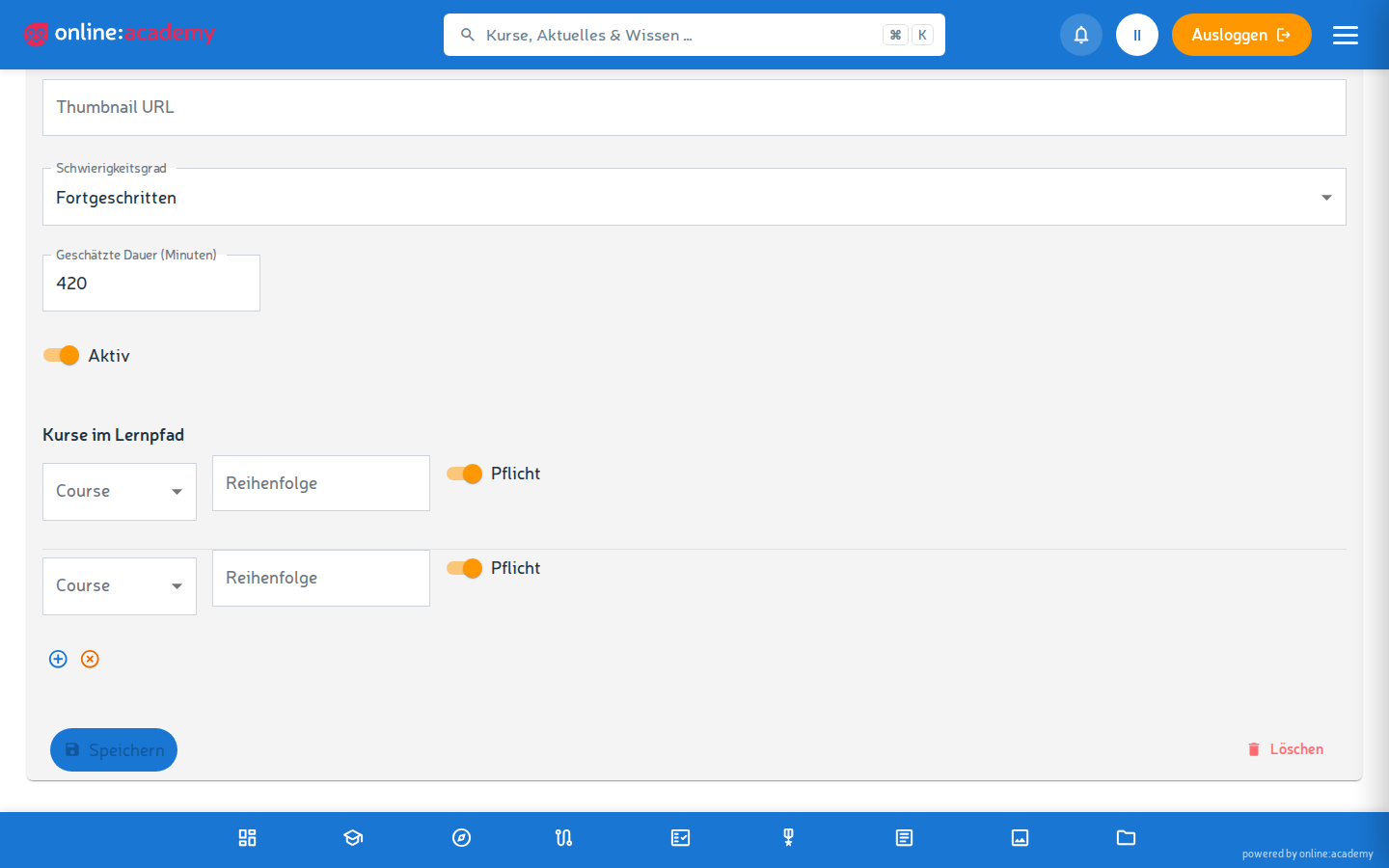 Lernpfad-Editor mit der Kursliste des Pfads