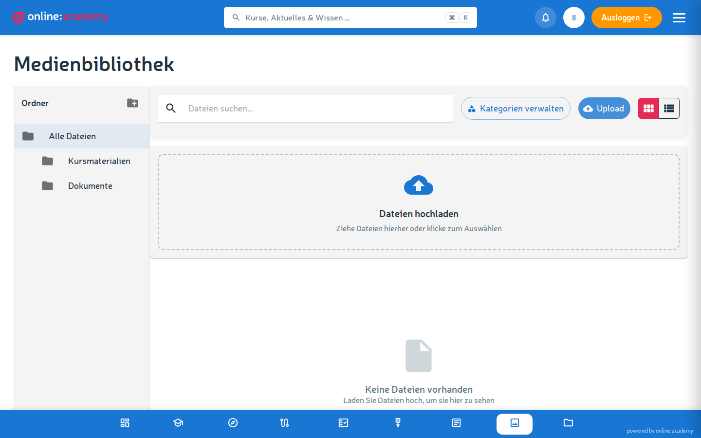 Upload-Dialog mit Datei-Auswahl und Kategorien