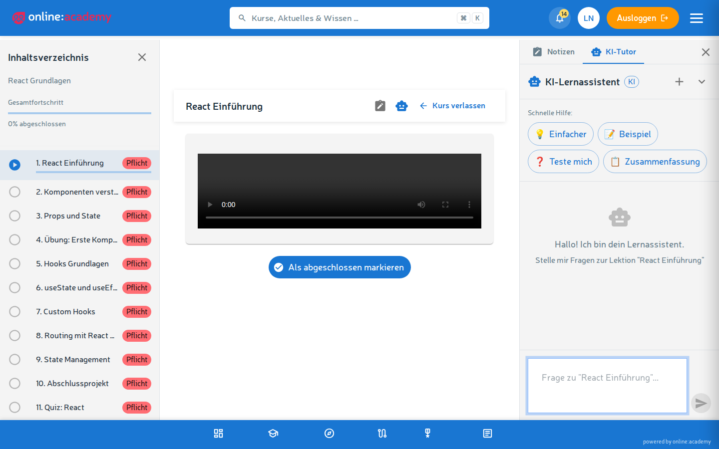 KI-Tutor-Chat im rechten Drawer mit Schnell-Hilfe-Buttons