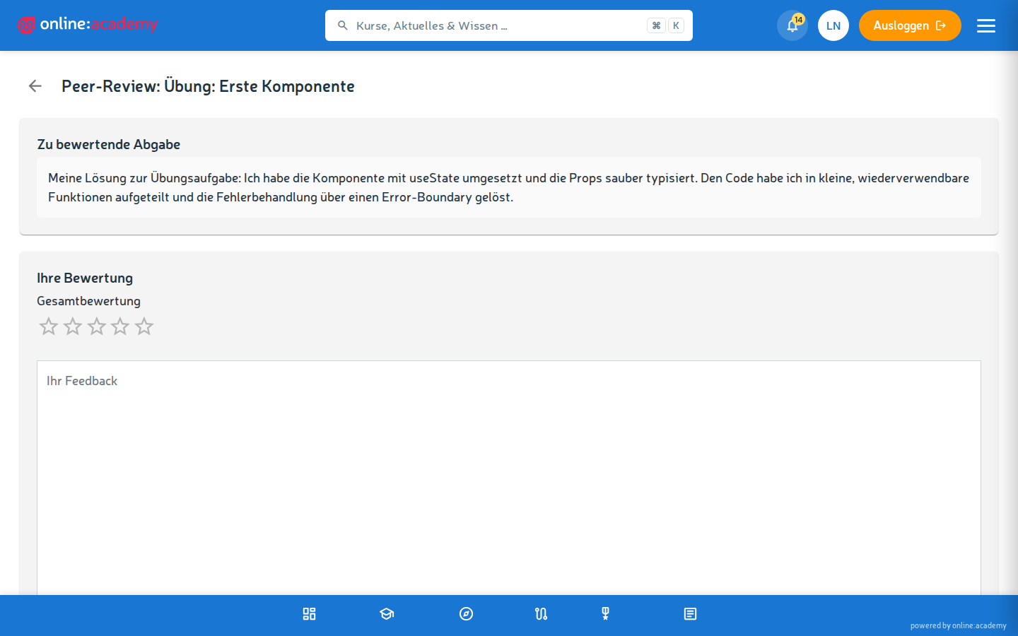 Review-Formular mit Kriterien und Freitextfeld
