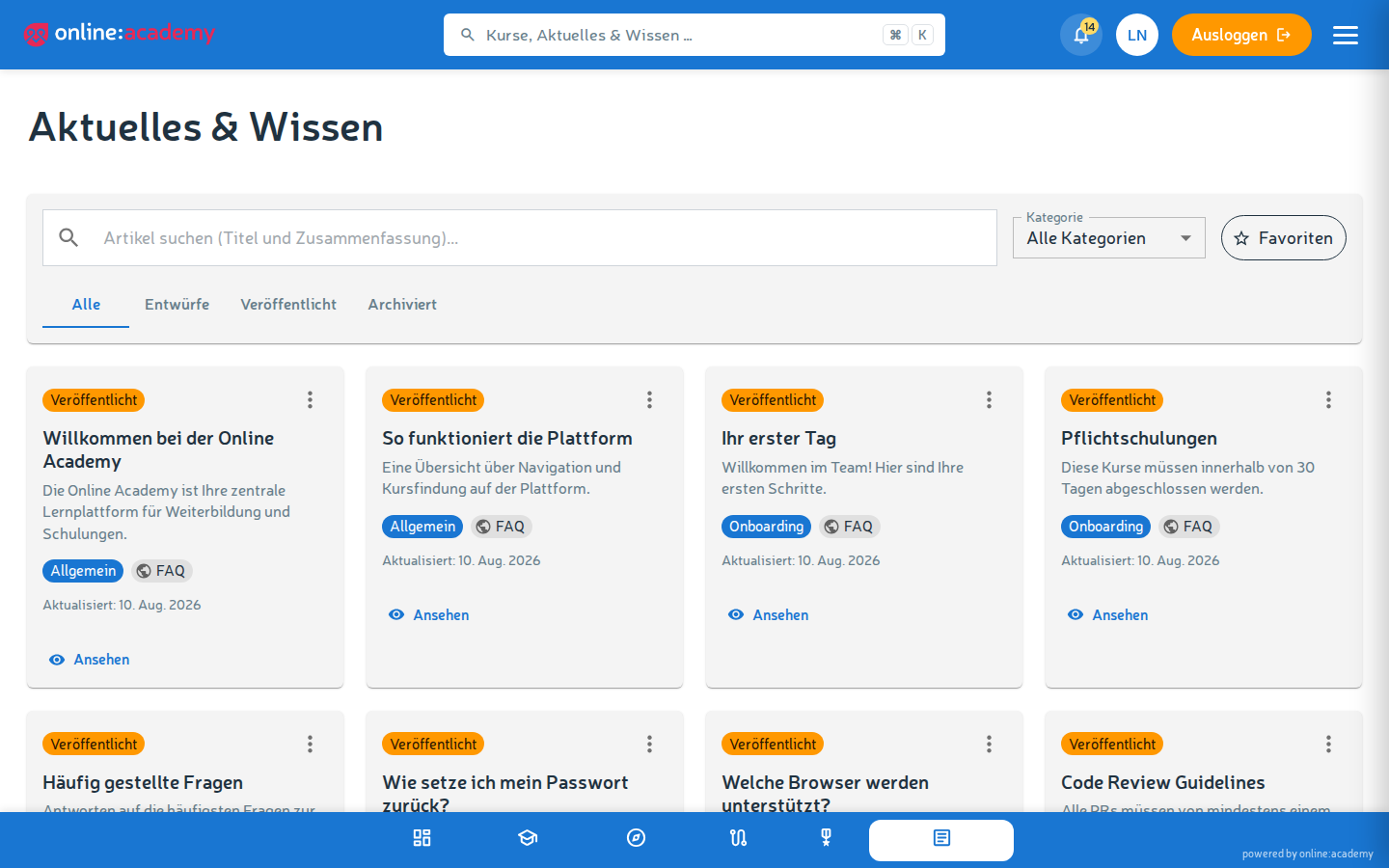Übersicht mit Suche und Kategorie-Auswahl